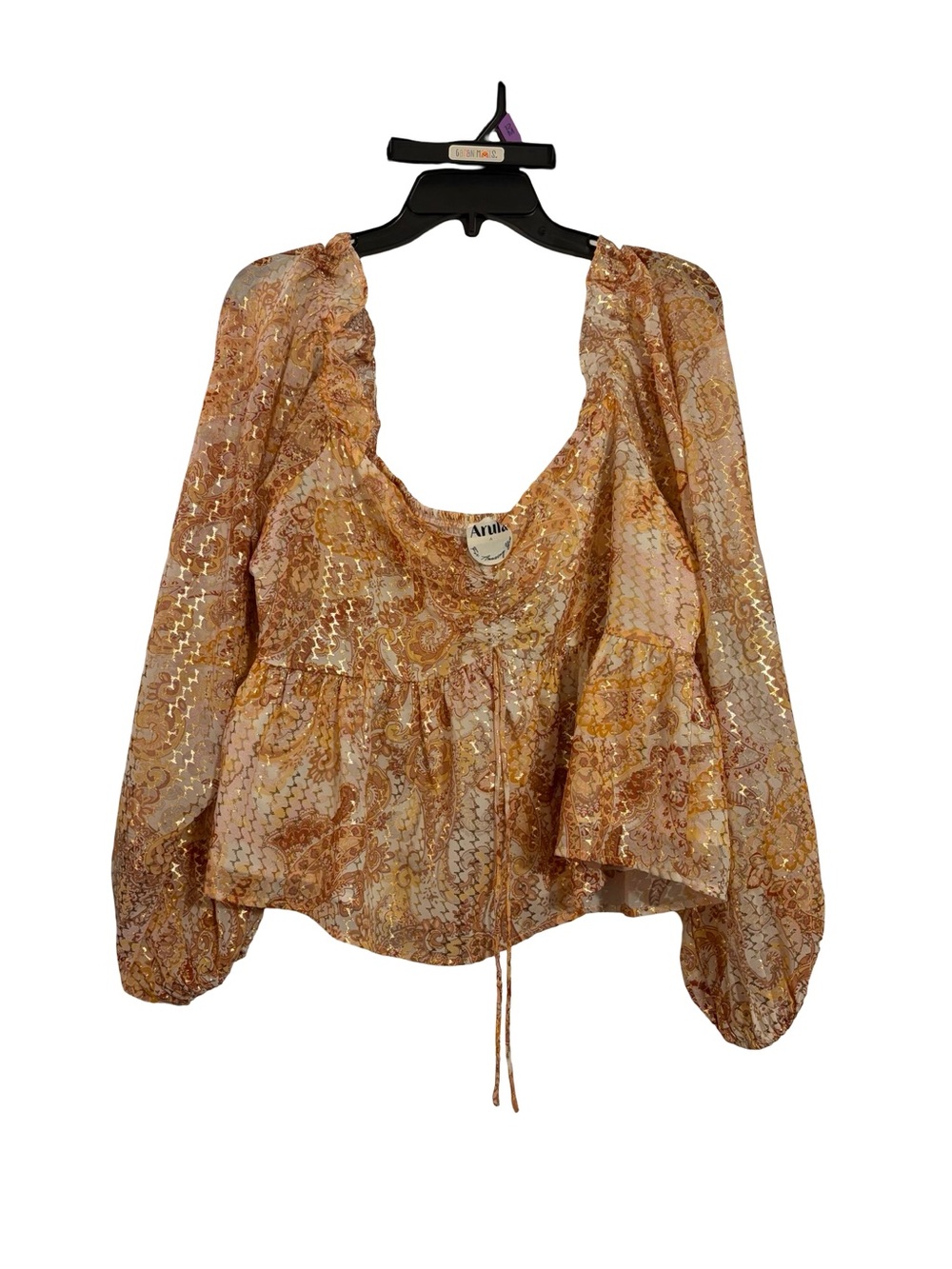 Arula Metallic Paisley Peplum Blouse XL Boho Balloon Sleeve Gold Shimmer